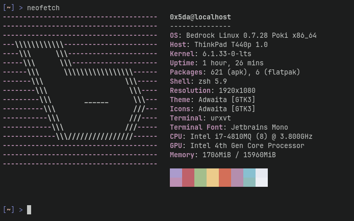 the output of `neofetch` in the terminal, most prominently displaying the bedrock linux logo (ASCII art shaped like a gold club head)