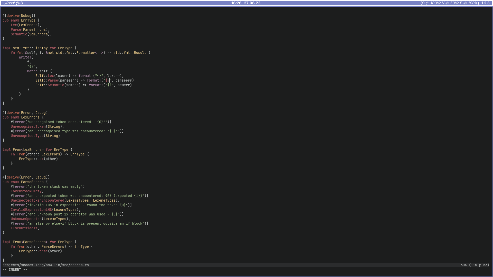 editing a nondescript rust file in neovim. the colours vaguely match the wallpaper aesthetic