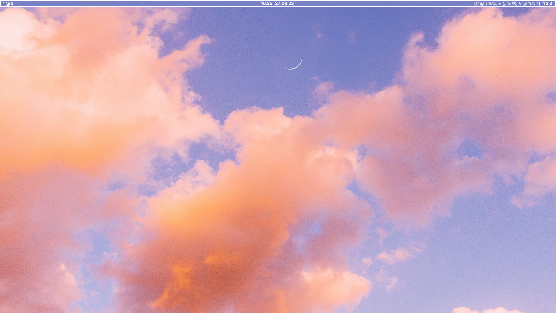 my laptop wallpaper. pink-orange clouds on a blue sky. a moon in the center. along the top of the screen, there's a pale blue status bar